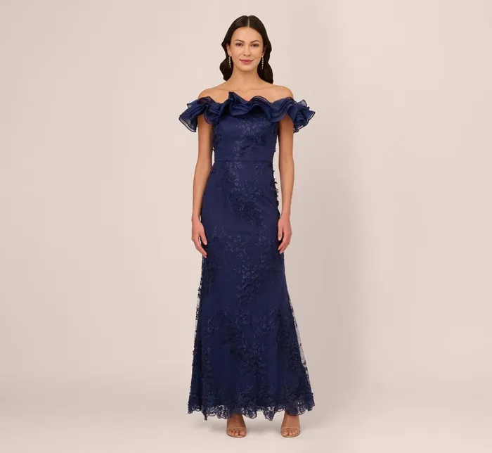 Adrianna Papell Formal Dresses Ruffle Off The Shoulder Floral Lace Gown In Light Navy 8211 Women Adrianna Papell Formal Dresses Ruffle Off The Shoulder Floral Lace Gown In Light Navy 8211 Women