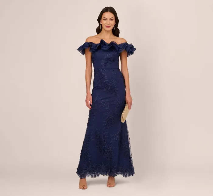 Adrianna Papell Formal Dresses Ruffle Off The Shoulder Floral Lace Gown In Light Navy 8211 Women