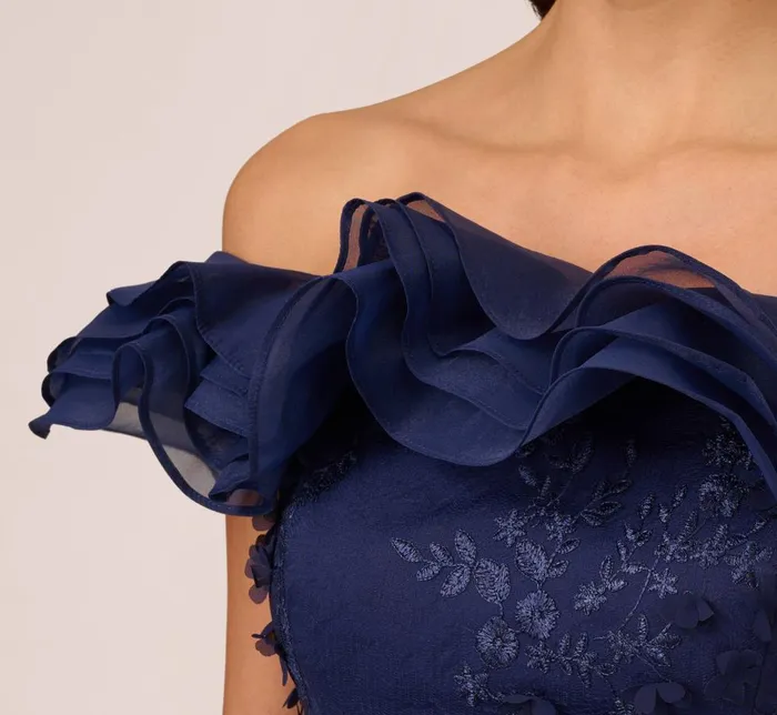 Adrianna Papell Formal Dresses Ruffle Off The Shoulder Floral Lace Gown In Light Navy 8211 Women