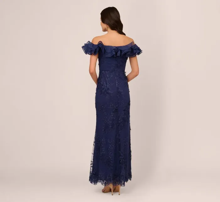 Adrianna Papell Formal Dresses Ruffle Off The Shoulder Floral Lace Gown In Light Navy 8211 Women