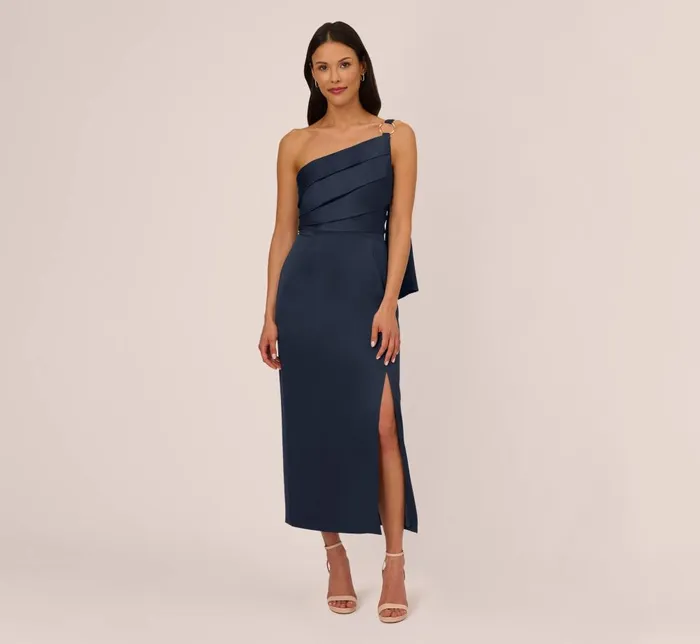 Adrianna Papell Formal Dresses Satin Crepe One Shoulder Gown With Metal Ring Accent In Dark Navy 8211 Women