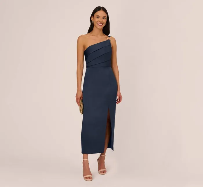Adrianna Papell Formal Dresses Satin Crepe One Shoulder Gown With Metal Ring Accent In Dark Navy 8211 Women