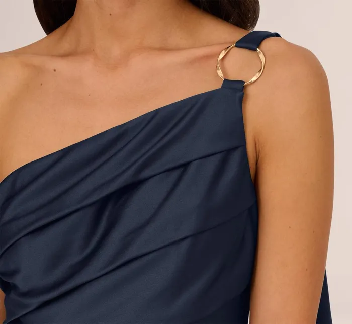 Adrianna Papell Formal Dresses Satin Crepe One Shoulder Gown With Metal Ring Accent In Dark Navy 8211 Women