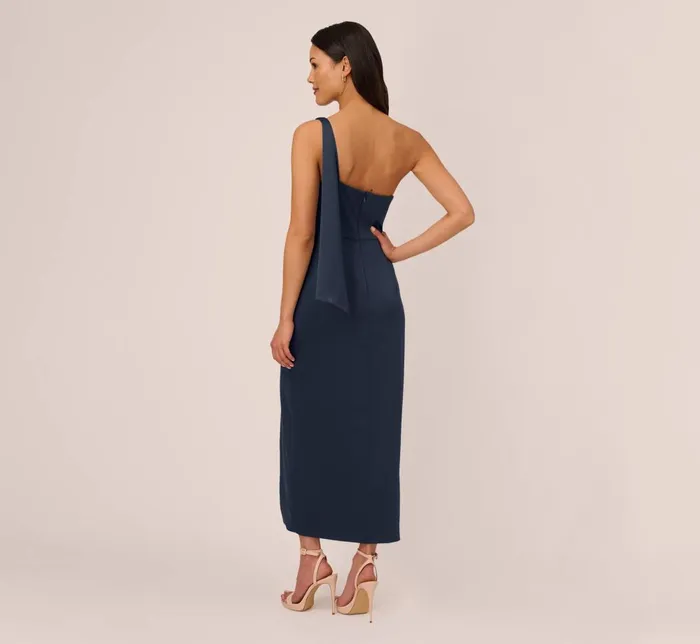 Adrianna Papell Formal Dresses Satin Crepe One Shoulder Gown With Metal Ring Accent In Dark Navy 8211 Women