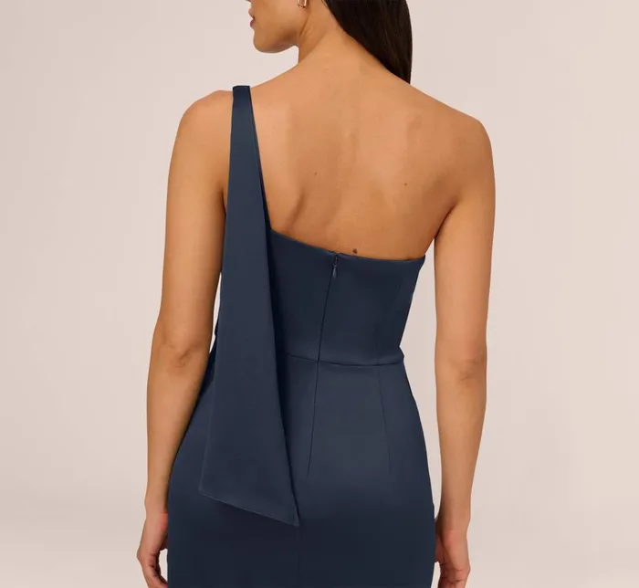 Adrianna Papell Formal Dresses Satin Crepe One Shoulder Gown With Metal Ring Accent In Dark Navy 8211 Women