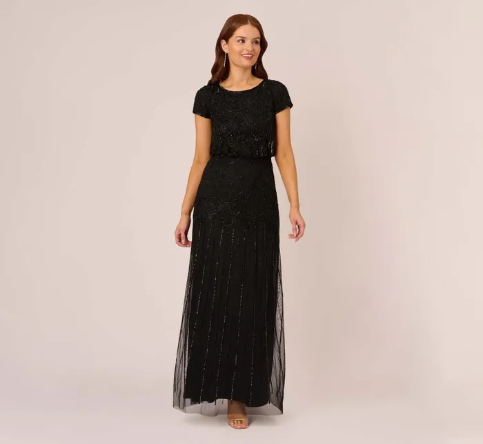 Adrianna Papell Formal Dresses Short Sleeve Blouson Beaded Gown In Black 8211 Women