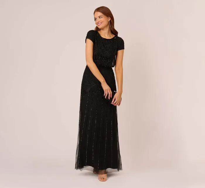 Adrianna Papell Formal Dresses Short Sleeve Blouson Beaded Gown In Black 8211 Women