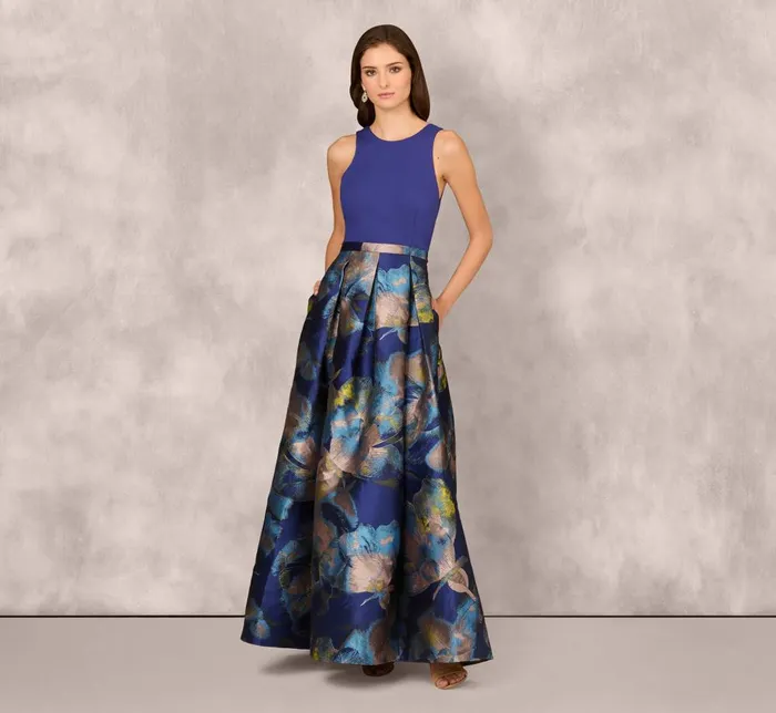 Adrianna Papell Formal Dresses Sleeveless Floral Jacquard Combo Ballgown In Blue Yellow Multi 8211 Women