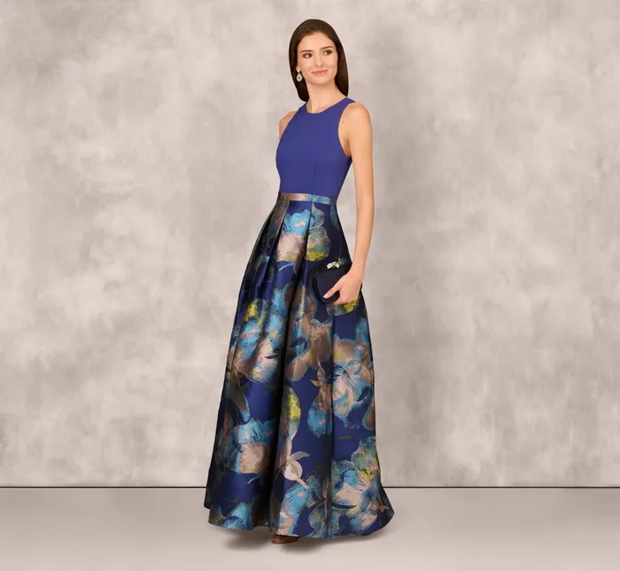Adrianna Papell Formal Dresses Sleeveless Floral Jacquard Combo Ballgown In Blue Yellow Multi 8211 Women