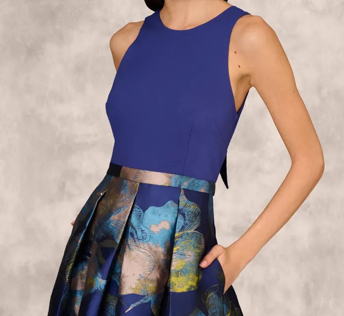 Adrianna Papell Formal Dresses Sleeveless Floral Jacquard Combo Ballgown In Blue Yellow Multi 8211 Women