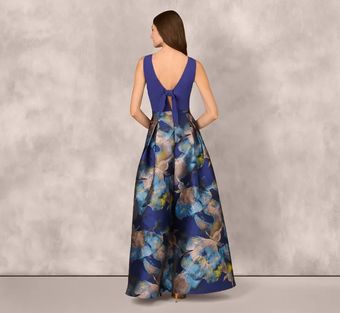 Adrianna Papell Formal Dresses Sleeveless Floral Jacquard Combo Ballgown In Blue Yellow Multi 8211 Women
