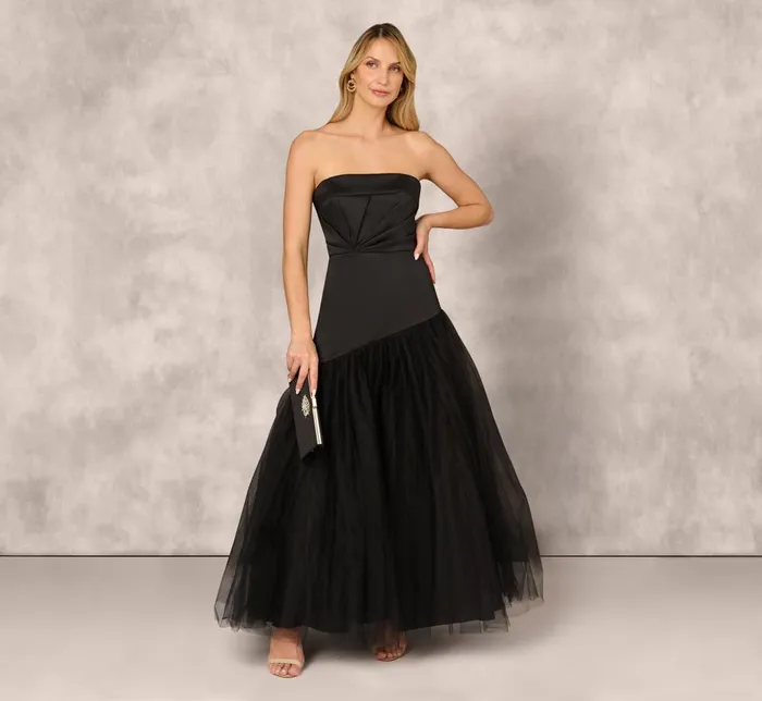 Adrianna Papell Formal Dresses Strapless Mikado Ball Gown With Mesh Skirt In Black 8211 Women