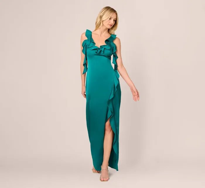 Adrianna Papell Formal Dresses Stretch Satin Ruffle Long Dress In Deep Emerald 8211 Women