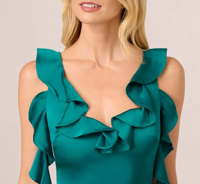 Adrianna Papell Formal Dresses Stretch Satin Ruffle Long Dress In Deep Emerald 8211 Women