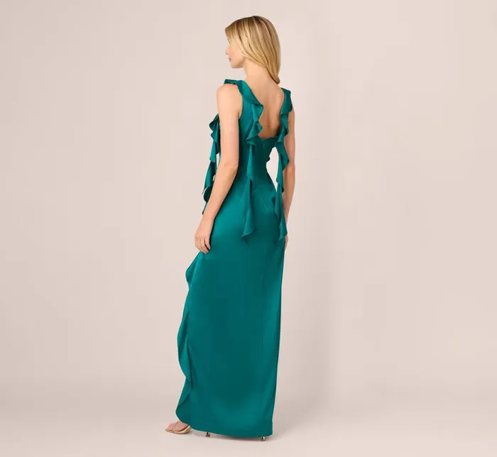 Adrianna Papell Formal Dresses Stretch Satin Ruffle Long Dress In Deep Emerald 8211 Women