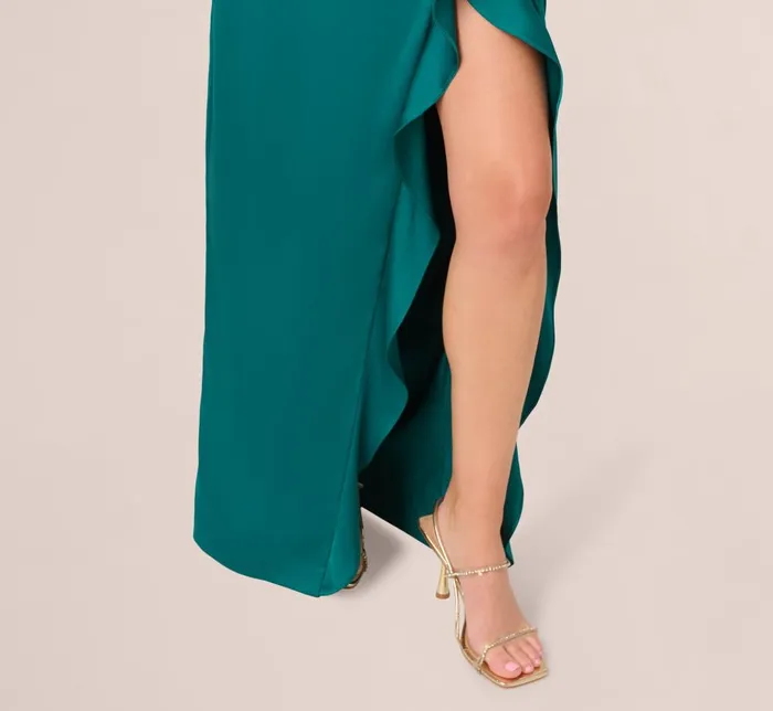 Adrianna Papell Formal Dresses Stretch Satin Ruffle Long Dress In Deep Emerald 8211 Women