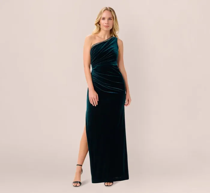 Adrianna Papell Formal Dresses Velvet One Shoulder Gown With Beaded Neckline In Hunter 8211 Women
