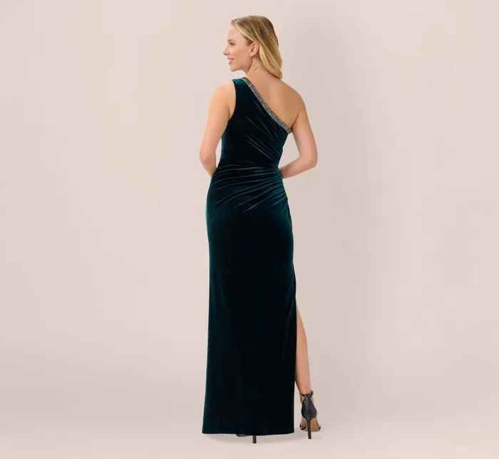Adrianna Papell Formal Dresses Velvet One Shoulder Gown With Beaded Neckline In Hunter 8211 Women