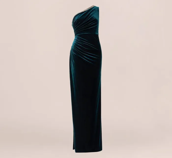 Adrianna Papell Formal Dresses Velvet One Shoulder Gown With Beaded Neckline In Hunter 8211 Women