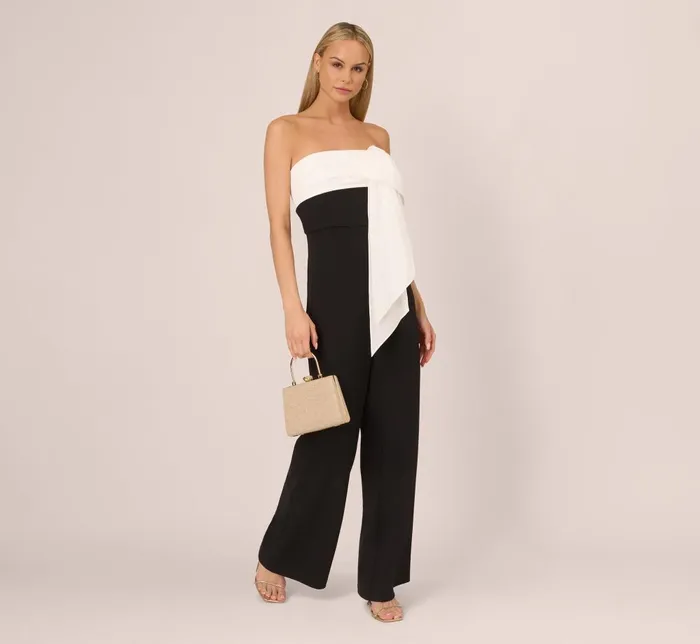 Adrianna Papell Jumpsuits Colorblock Crepe Strapless Jumpsuit With Bow Accent In Black White 8211 Women