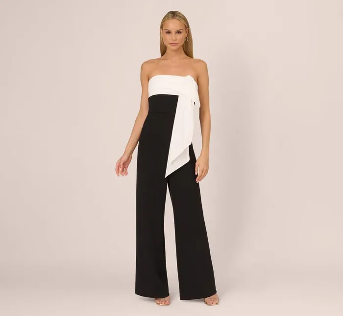 Adrianna Papell Jumpsuits Colorblock Crepe Strapless Jumpsuit With Bow Accent In Black White 8211 Women
