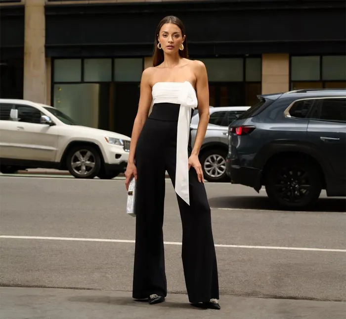 Adrianna Papell Jumpsuits Colorblock Crepe Strapless Jumpsuit With Bow Accent In Black White 8211 Women