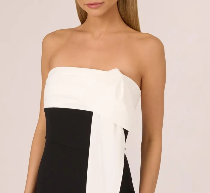 Adrianna Papell Jumpsuits Colorblock Crepe Strapless Jumpsuit With Bow Accent In Black White 8211 Women