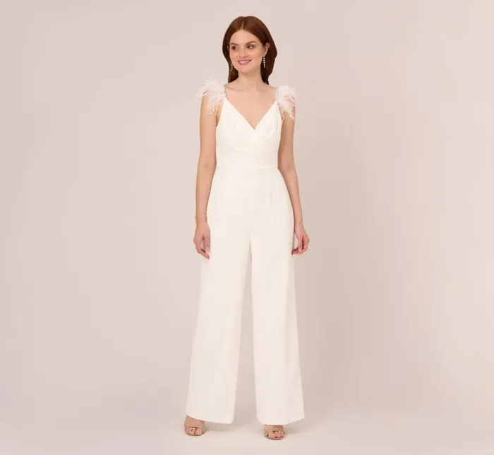 Adrianna Papell Jumpsuits Crepe Wide Leg Jumpsuit With Bead And Feather Accents In Ivory 8211 Women