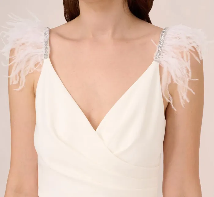 Adrianna Papell Jumpsuits Crepe Wide Leg Jumpsuit With Bead And Feather Accents In Ivory 8211 Women