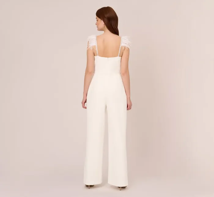 Adrianna Papell Jumpsuits Crepe Wide Leg Jumpsuit With Bead And Feather Accents In Ivory 8211 Women