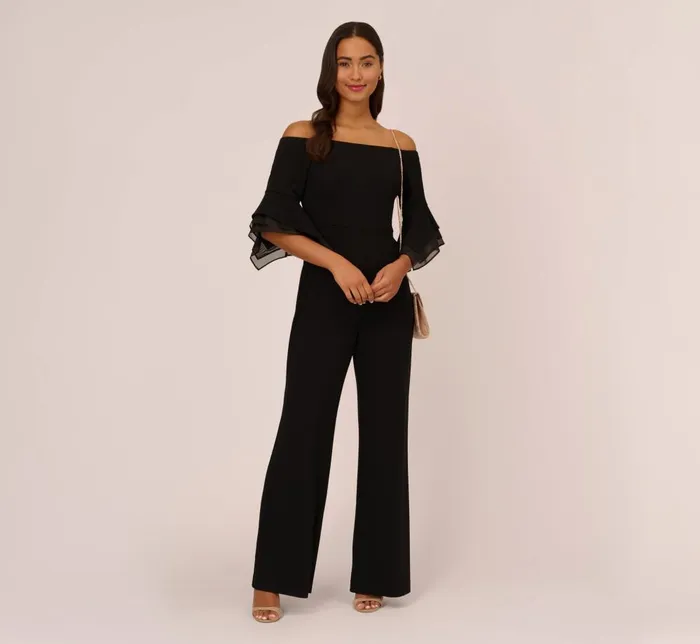 Adrianna Papell Jumpsuits Off The Shoulder Crepe Jumpsuit With Organza Sleeves In Black 8211 Women