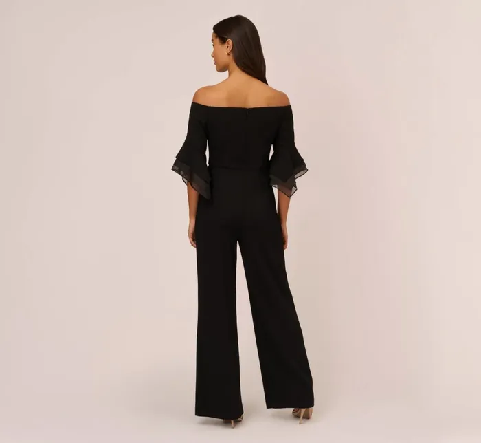 Adrianna Papell Jumpsuits Off The Shoulder Crepe Jumpsuit With Organza Sleeves In Black 8211 Women
