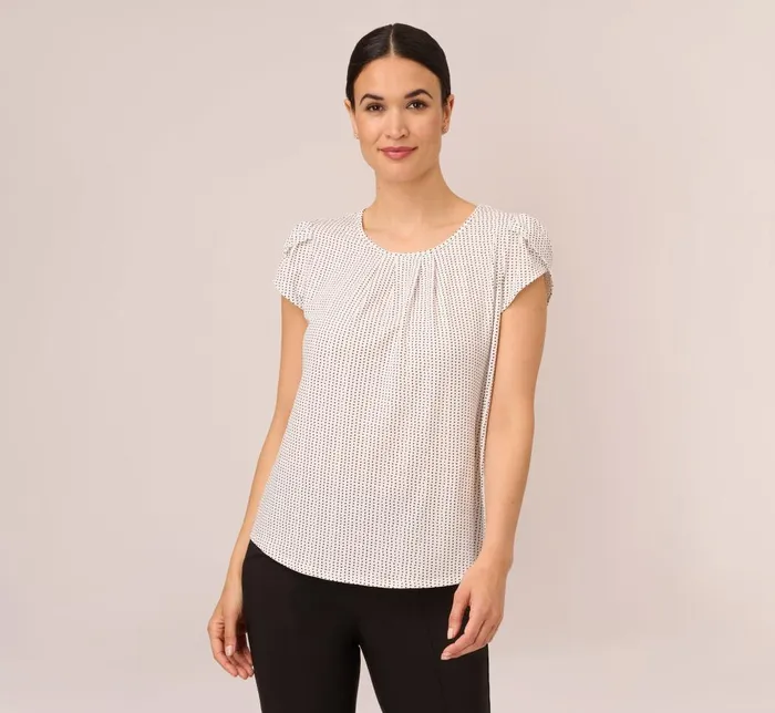 Adrianna Papell Tops and Blouses Short Sleeve Printed Top With Pleated Details In Ivory Black Seed Dot 8211 Women
