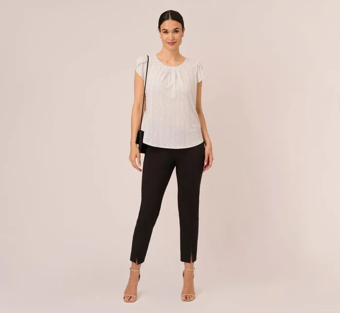 Adrianna Papell Tops and Blouses Short Sleeve Printed Top With Pleated Details In Ivory Black Seed Dot 8211 Women
