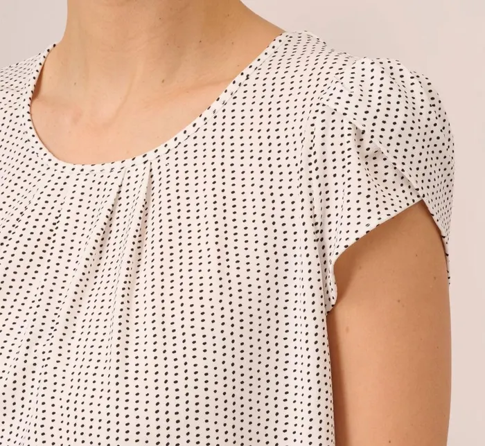 Adrianna Papell Tops and Blouses Short Sleeve Printed Top With Pleated Details In Ivory Black Seed Dot 8211 Women