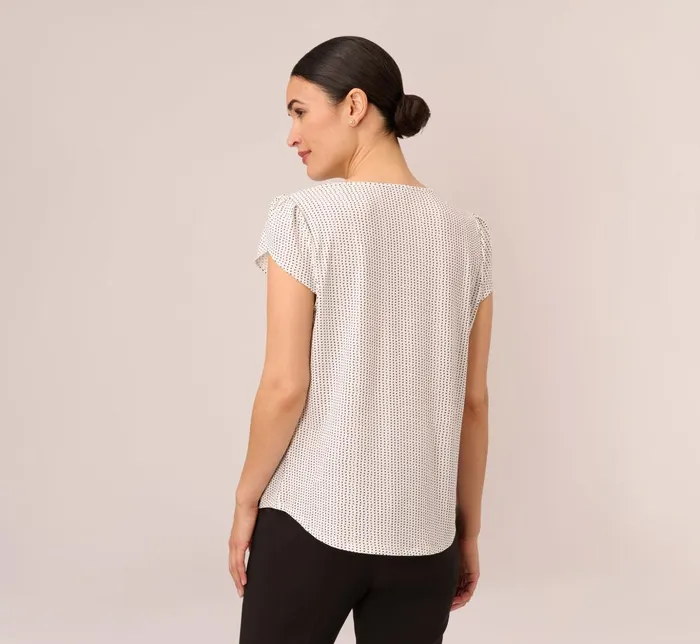Adrianna Papell Tops and Blouses Short Sleeve Printed Top With Pleated Details In Ivory Black Seed Dot 8211 Women