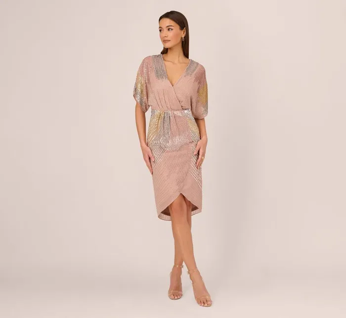 Adrianna Papell Wedding Guest Dresses Beaded Faux Wrap Dress With Dolman Sleeves In Rose Gold 8211 Women