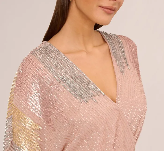Adrianna Papell Wedding Guest Dresses Beaded Faux Wrap Dress With Dolman Sleeves In Rose Gold 8211 Women