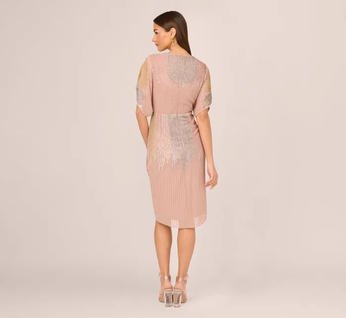 Adrianna Papell Wedding Guest Dresses Beaded Faux Wrap Dress With Dolman Sleeves In Rose Gold 8211 Women