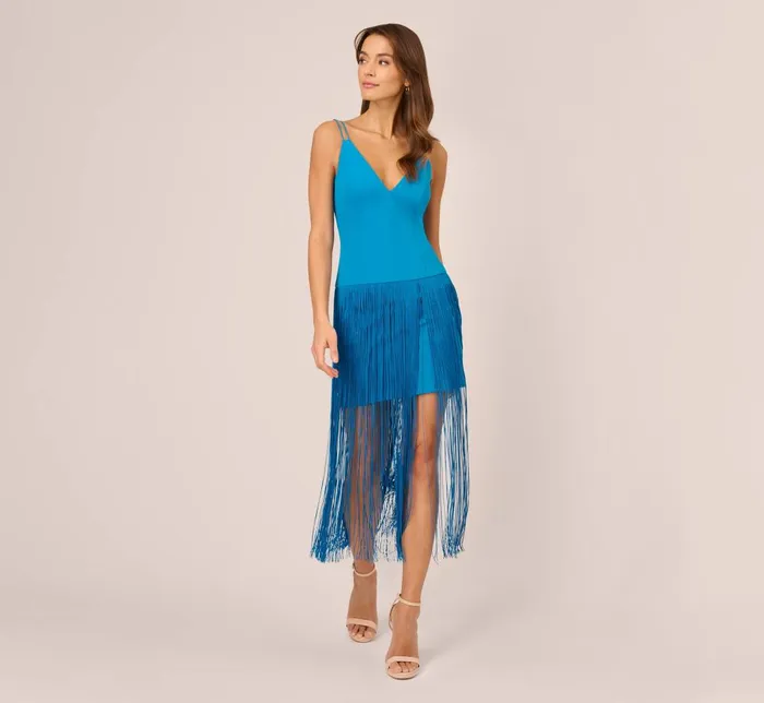 Adrianna Papell Wedding Guest Dresses Crepe Fringe Dress With Double Spaghetti Straps And V Back In Deep Cerulean 8211 Women