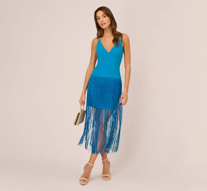 Adrianna Papell Wedding Guest Dresses Crepe Fringe Dress With Double Spaghetti Straps And V Back In Deep Cerulean 8211 Women