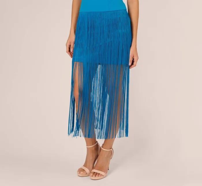 Adrianna Papell Wedding Guest Dresses Crepe Fringe Dress With Double Spaghetti Straps And V Back In Deep Cerulean 8211 Women