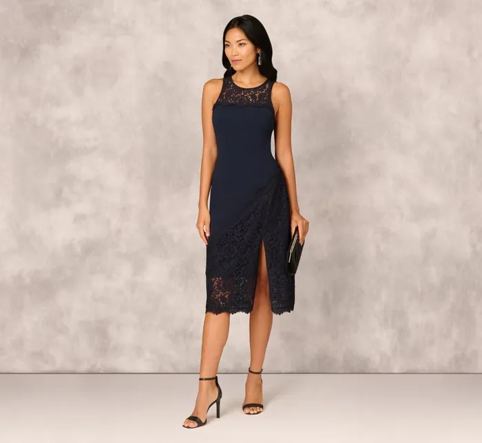 Adrianna Papell Wedding Guest Dresses Crepe Lace Midi Dress In Twilight 8211 Women