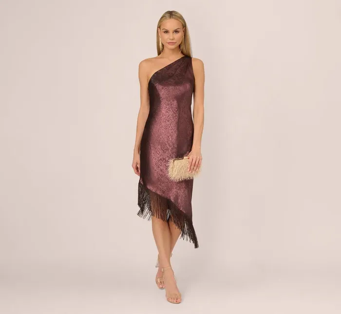 Adrianna Papell Wedding Guest Dresses Foiled One Shoulder Asymmetrical Dress With Fringe Hem In Blackened Red 8211 Women