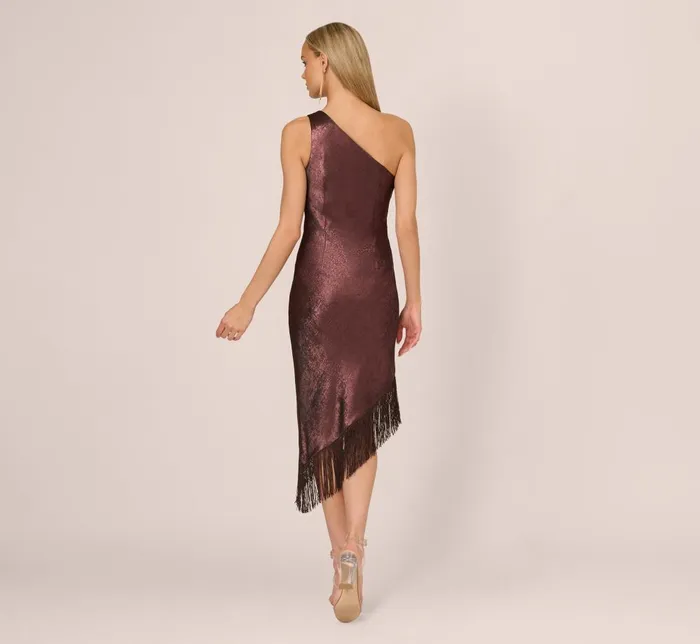 Adrianna Papell Wedding Guest Dresses Foiled One Shoulder Asymmetrical Dress With Fringe Hem In Blackened Red 8211 Women