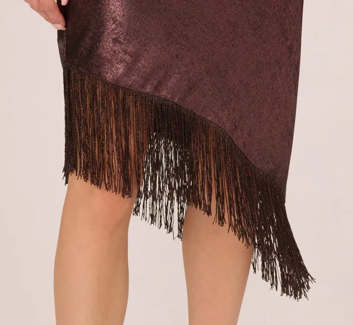 Adrianna Papell Wedding Guest Dresses Foiled One Shoulder Asymmetrical Dress With Fringe Hem In Blackened Red 8211 Women