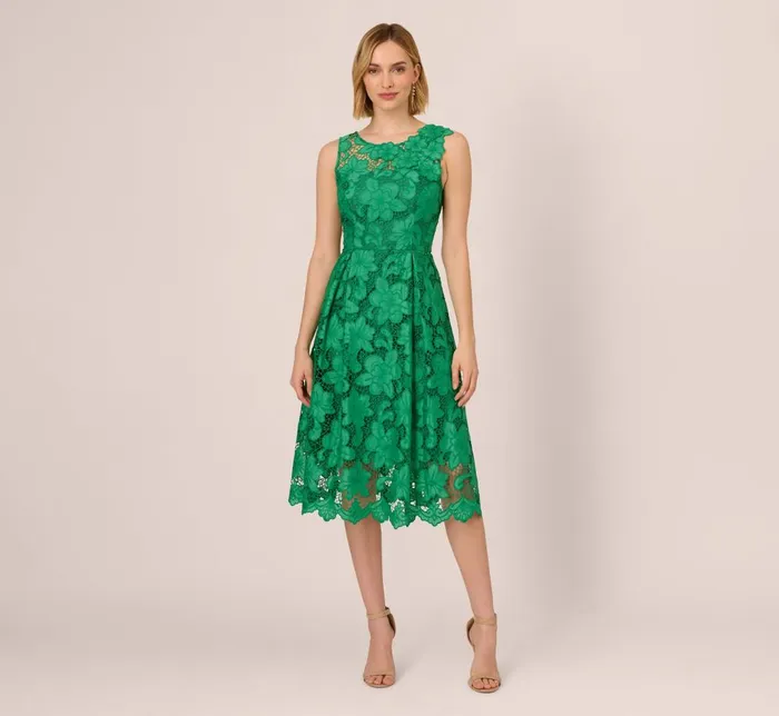 Adrianna Papell Wedding Guest Dresses Lace Sleeveless Midi Dress With Sheer Neck And Hem In Green 8211 Women