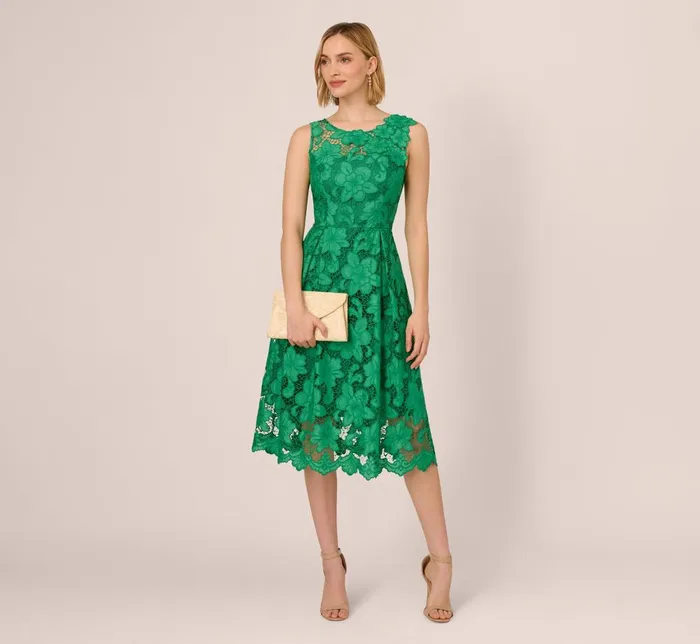 Adrianna Papell Wedding Guest Dresses Lace Sleeveless Midi Dress With Sheer Neck And Hem In Green 8211 Women