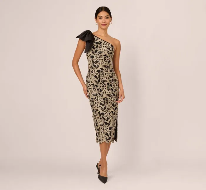 Adrianna Papell Wedding Guest Dresses Metallic Leaf Lace Ankle Dress In Black Gold 8211 Women