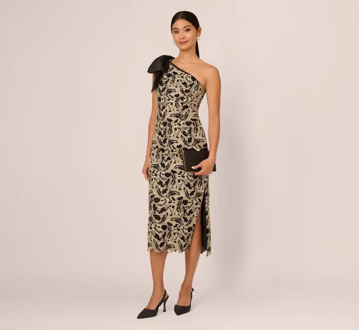 Adrianna Papell Wedding Guest Dresses Metallic Leaf Lace Ankle Dress In Black Gold 8211 Women